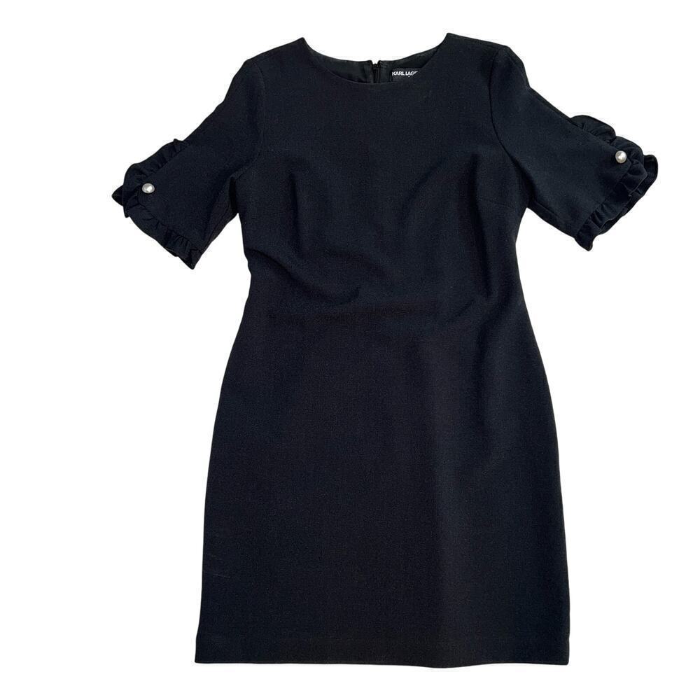 Karl Lagerfeld Pearl Button Ruffle Sleeve LBD Black Sheath Dress Size 8